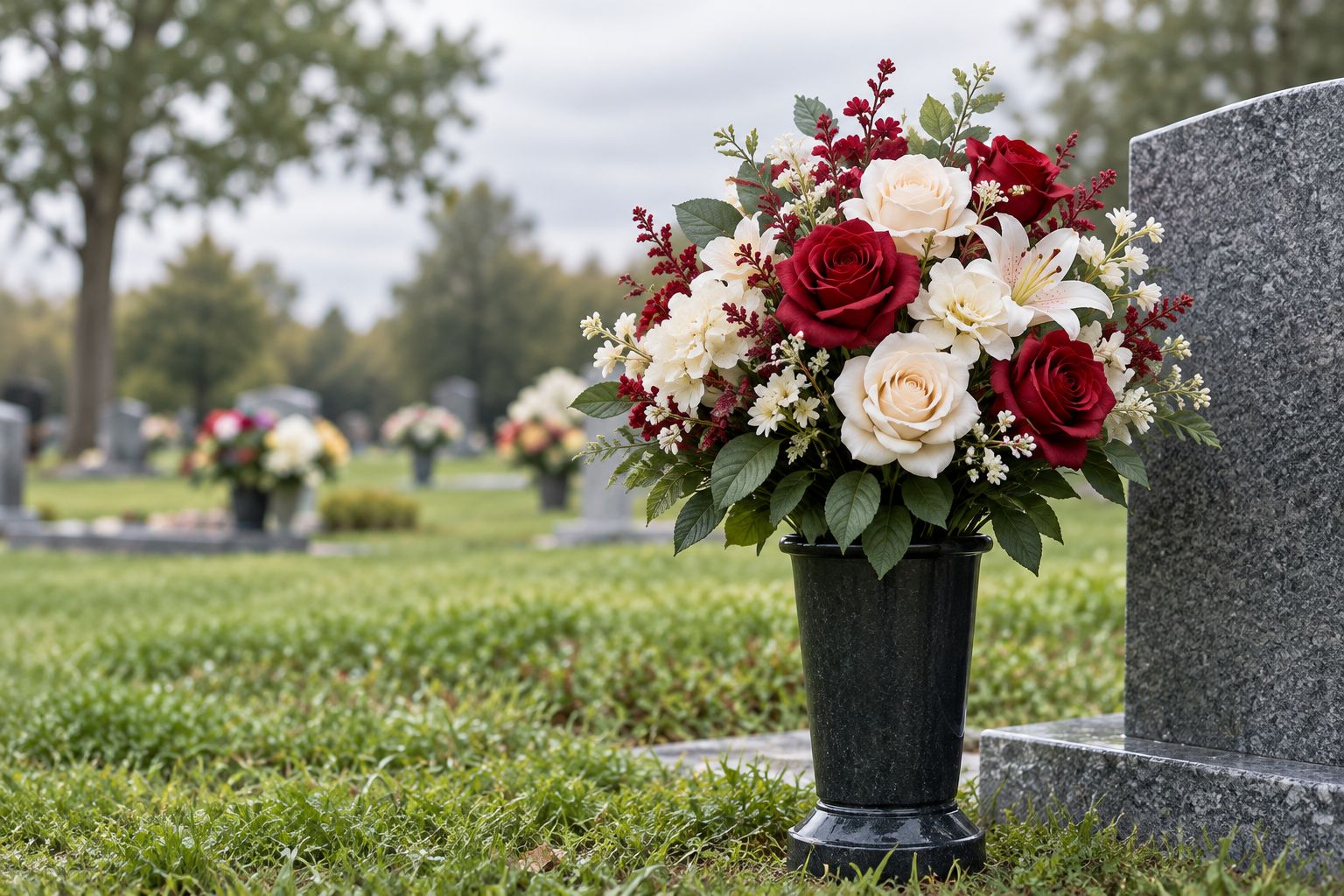 Weighted grave pot with real touch artificial flowers beside a headstone