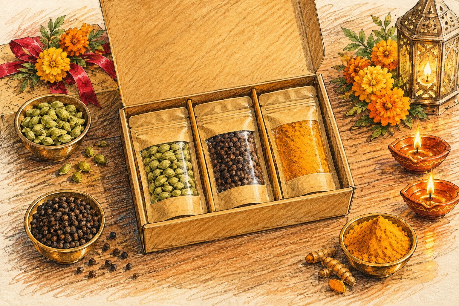 Separate closed spice pouches arranged inside a plain gift box