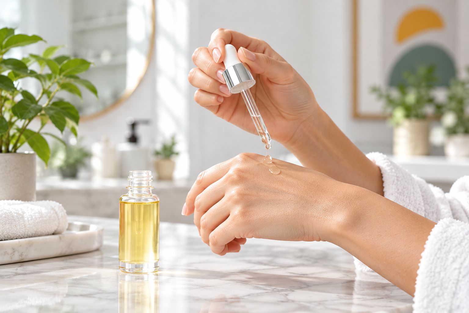 Applying vitamin C serum with a dropper in morning light