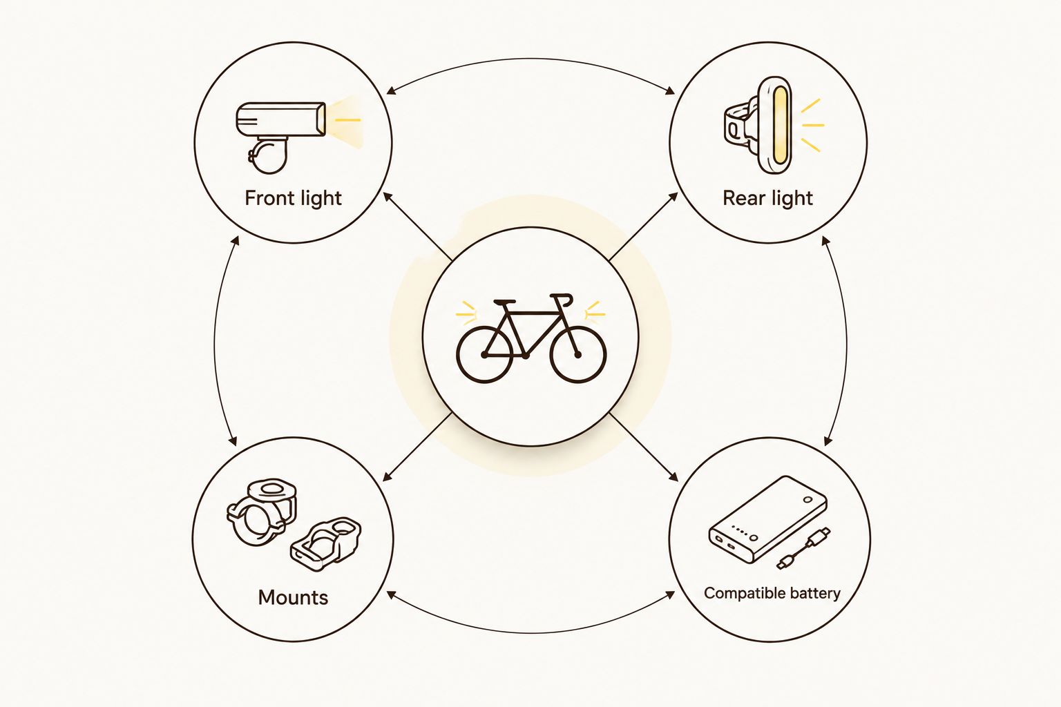 Four connected parts of a night-riding setup: front light, rear light, mounts and compatible battery.