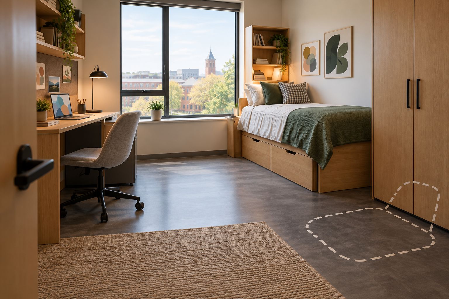 Student bedroom with a taped chair footprint and a clear route between the desk, bed, and storage