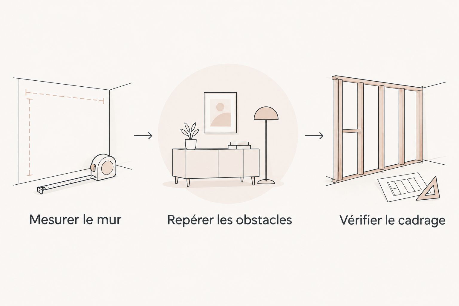 Trois vérifications avant le choix : mesures du mur, obstacles et cadrage du décor.
