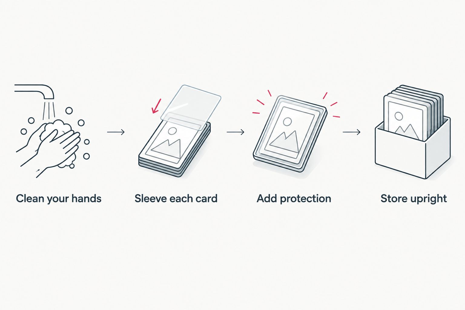 The sequence for handling, sleeving and storing trading cards