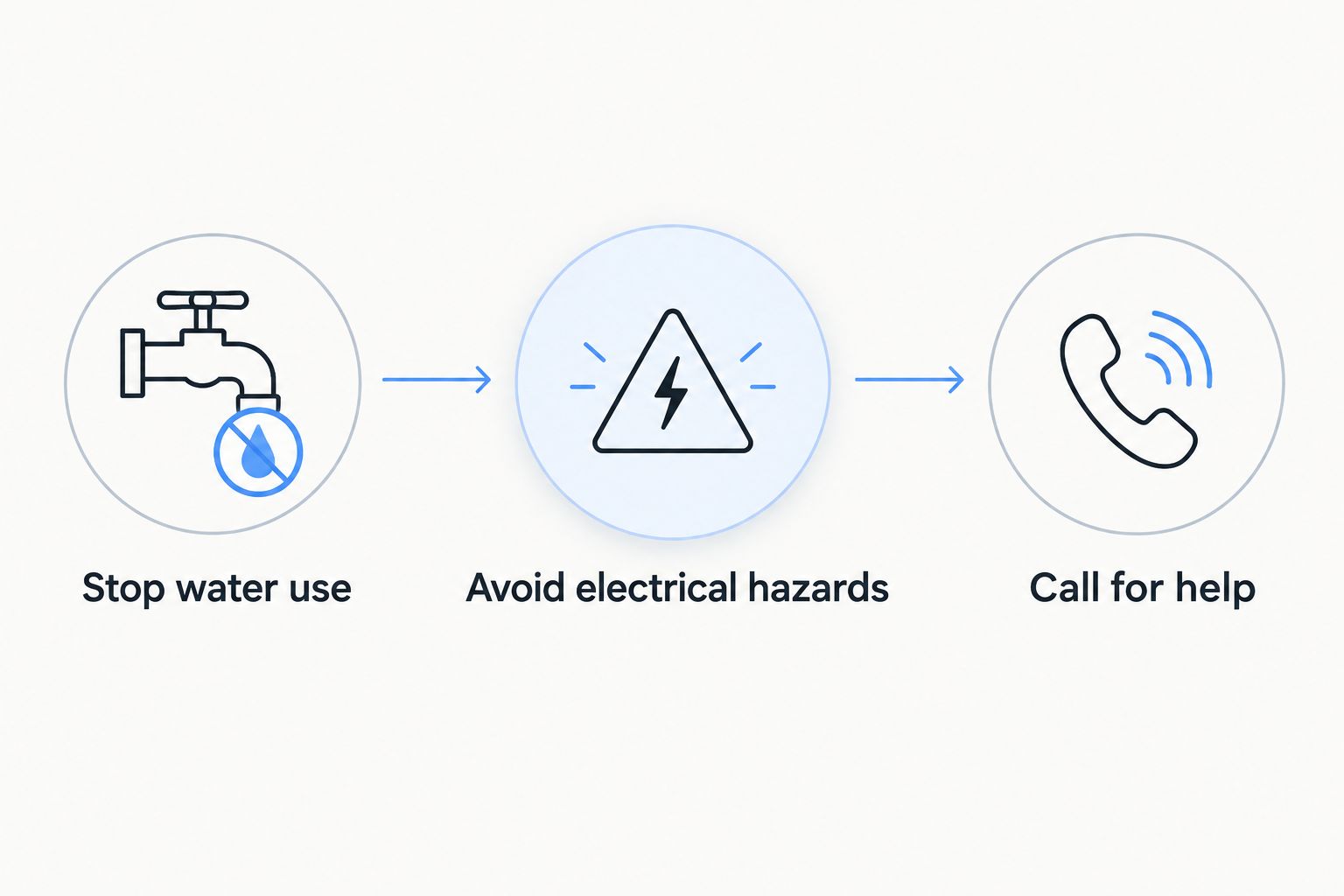 Safety sequence: stop water use, avoid electrical hazards, and call for help.