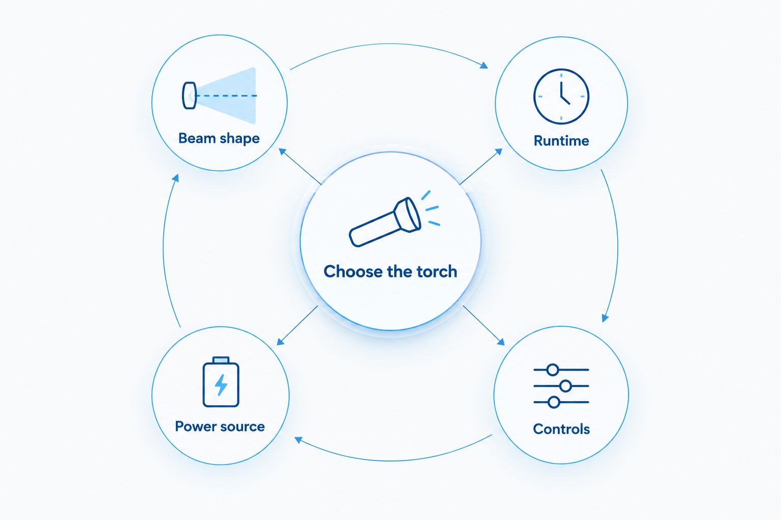 Four torch selection criteria: beam shape, runtime, power source and controls