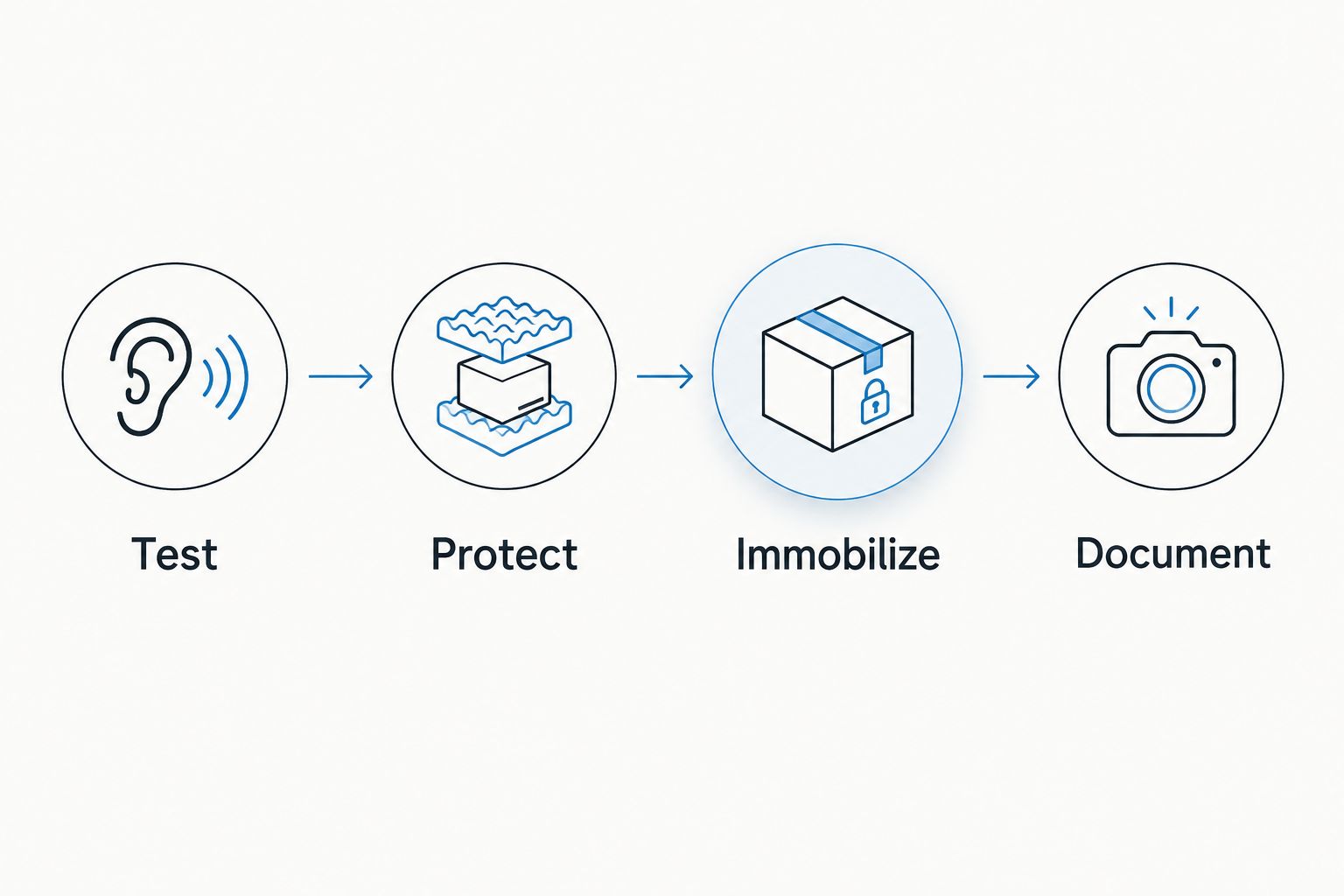 Four amp-shipping preparation steps: test, protect, immobilize, and document.