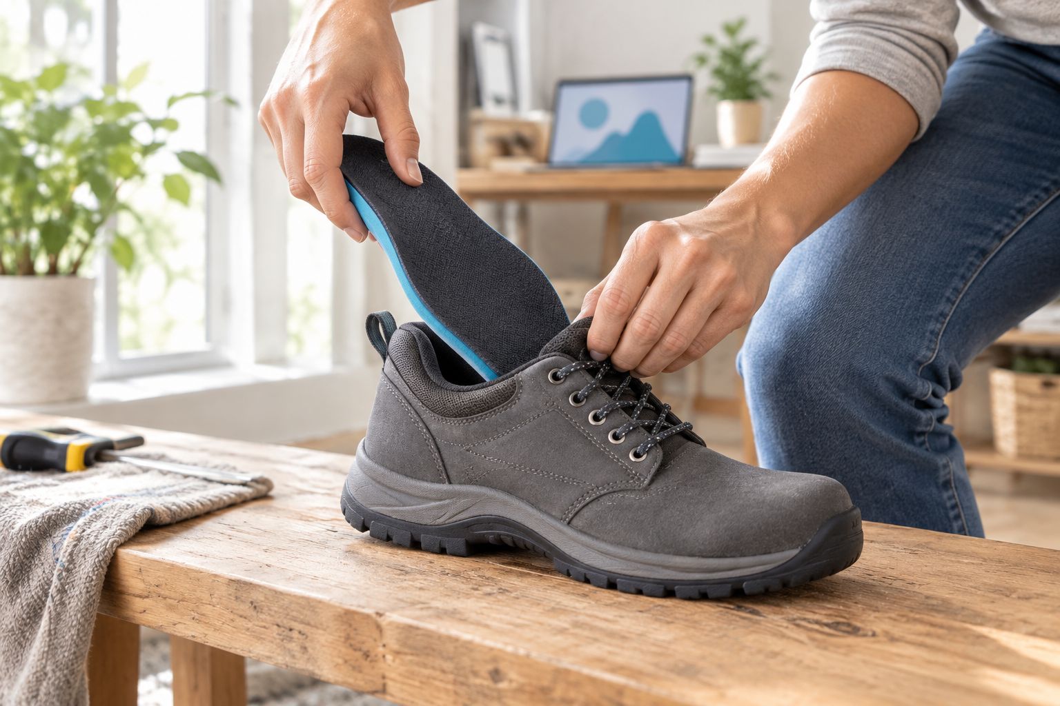 Cushioned insole being fitted inside a shoe
