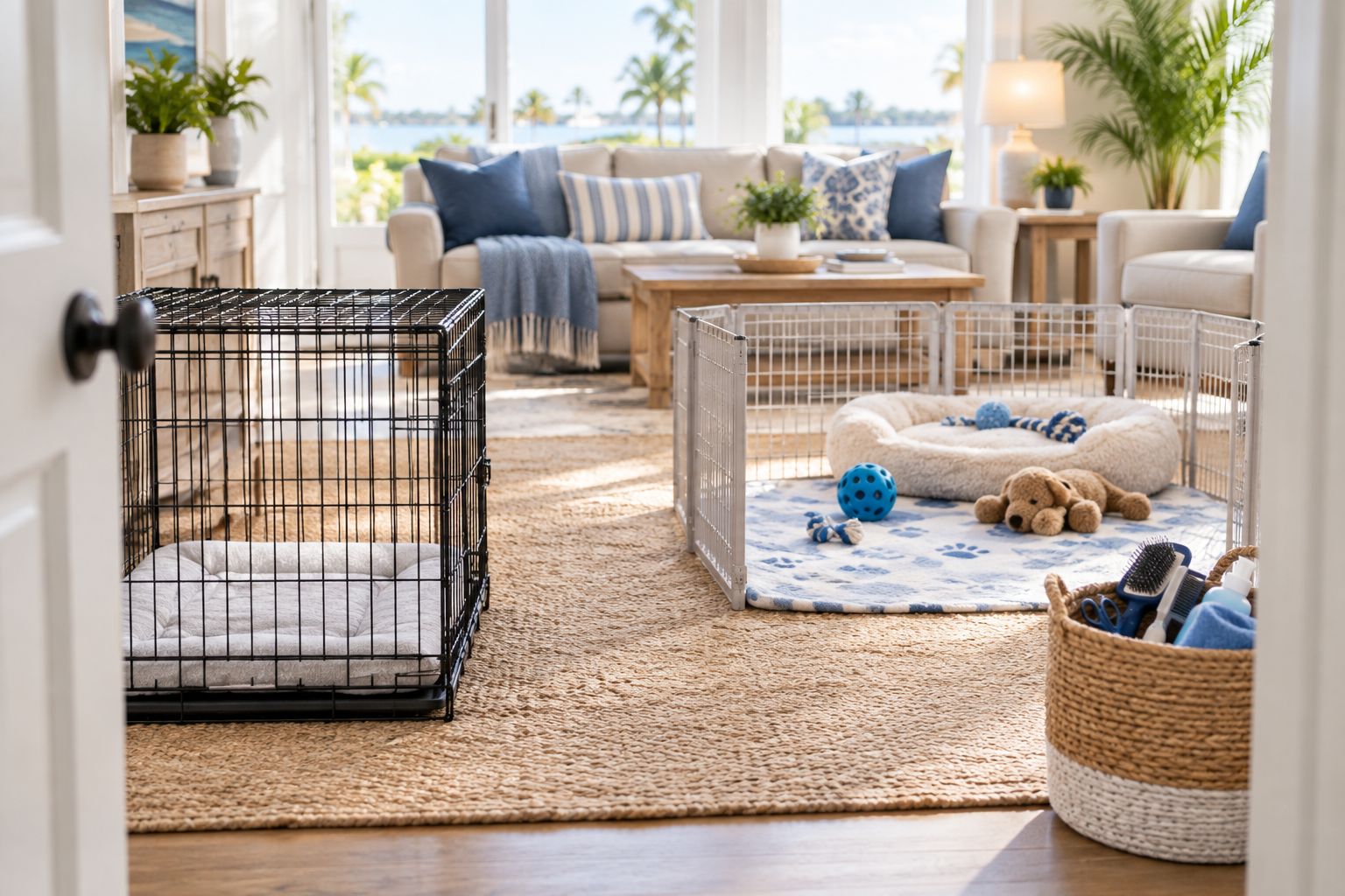 A family living room arranged with a puppy resting area, play area and care supplies