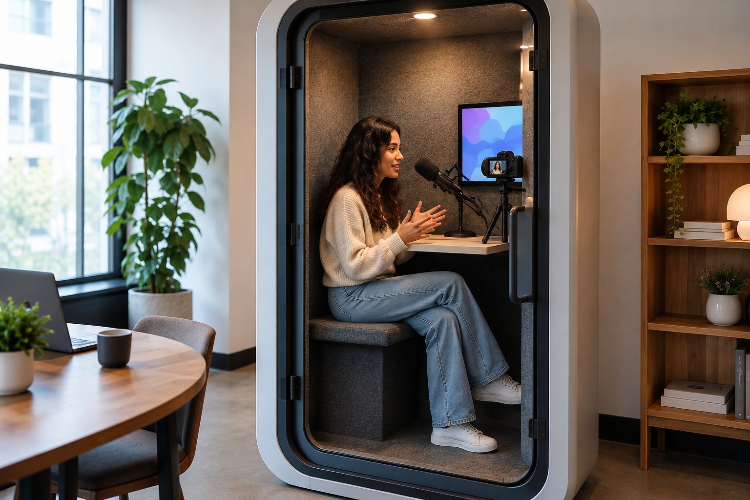 Solo presenter, camera and microphone arranged inside a generic office booth