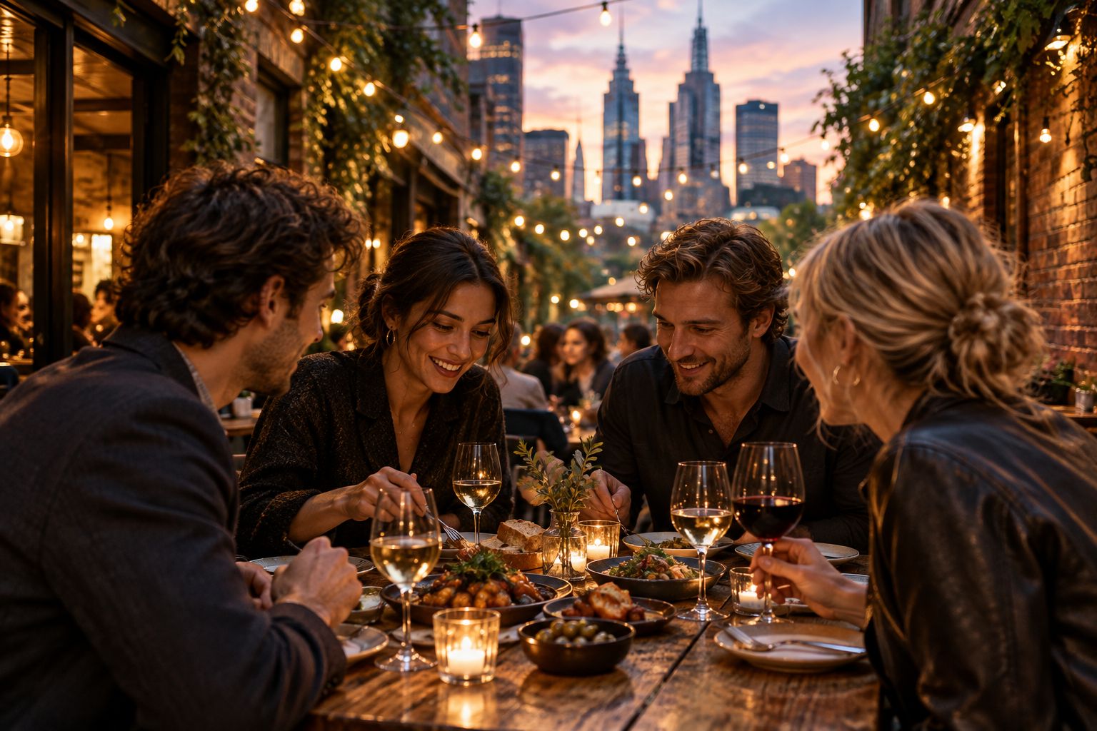 Small tapas plates on a wooden table in a Melbourne laneway restaurant at dusk