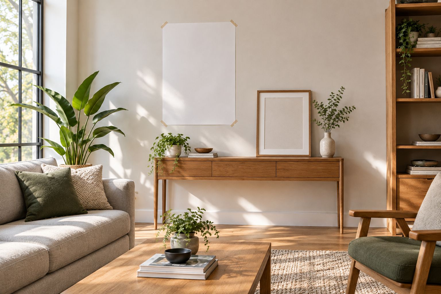 Paper template on a living-room wall beside an empty frame