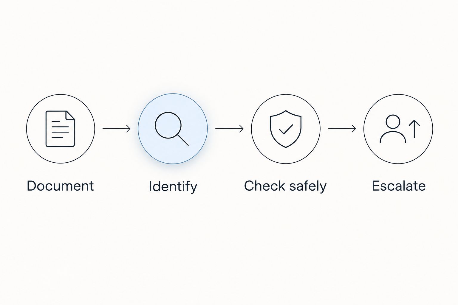Diagnostic sequence from documenting the fault to identifying, checking safely, and escalating