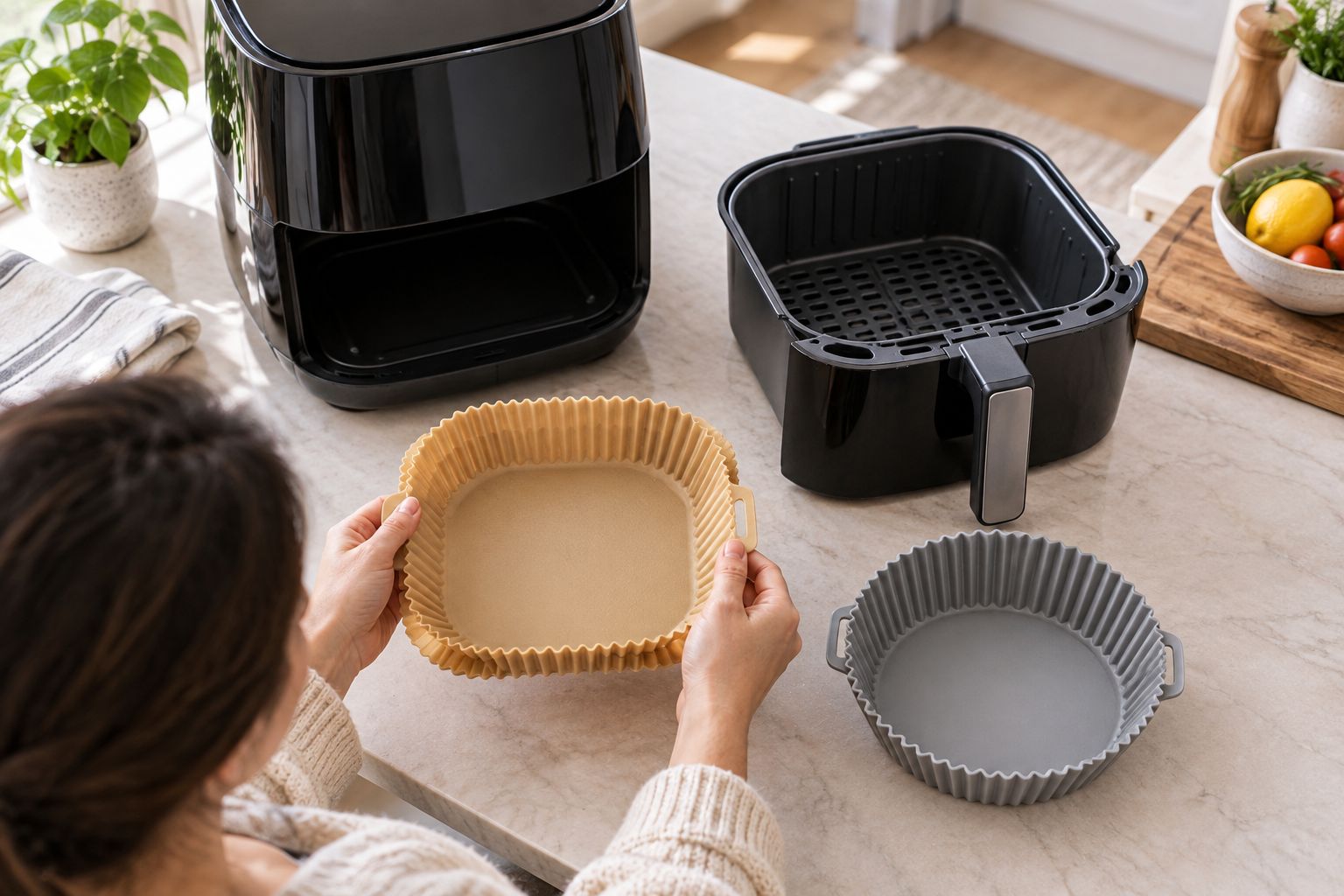 A silicone liner beside an air fryer drawer during a fit and handling check