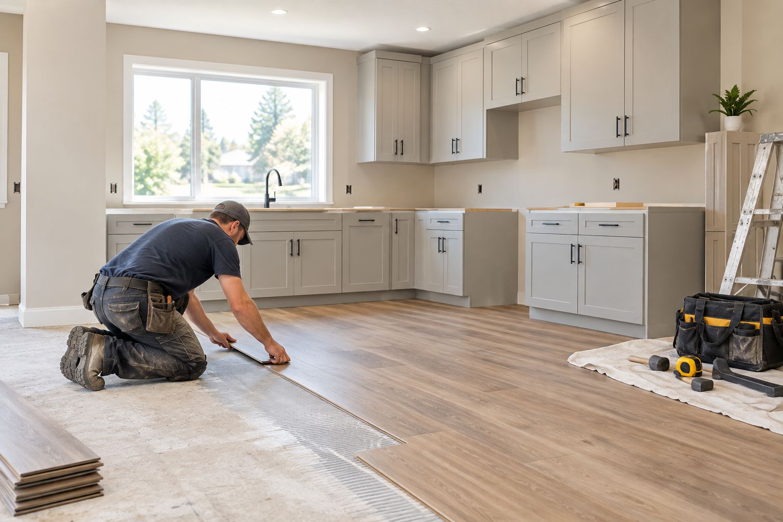 Kitchen flooring and cabinet refacing in progress before a home listing