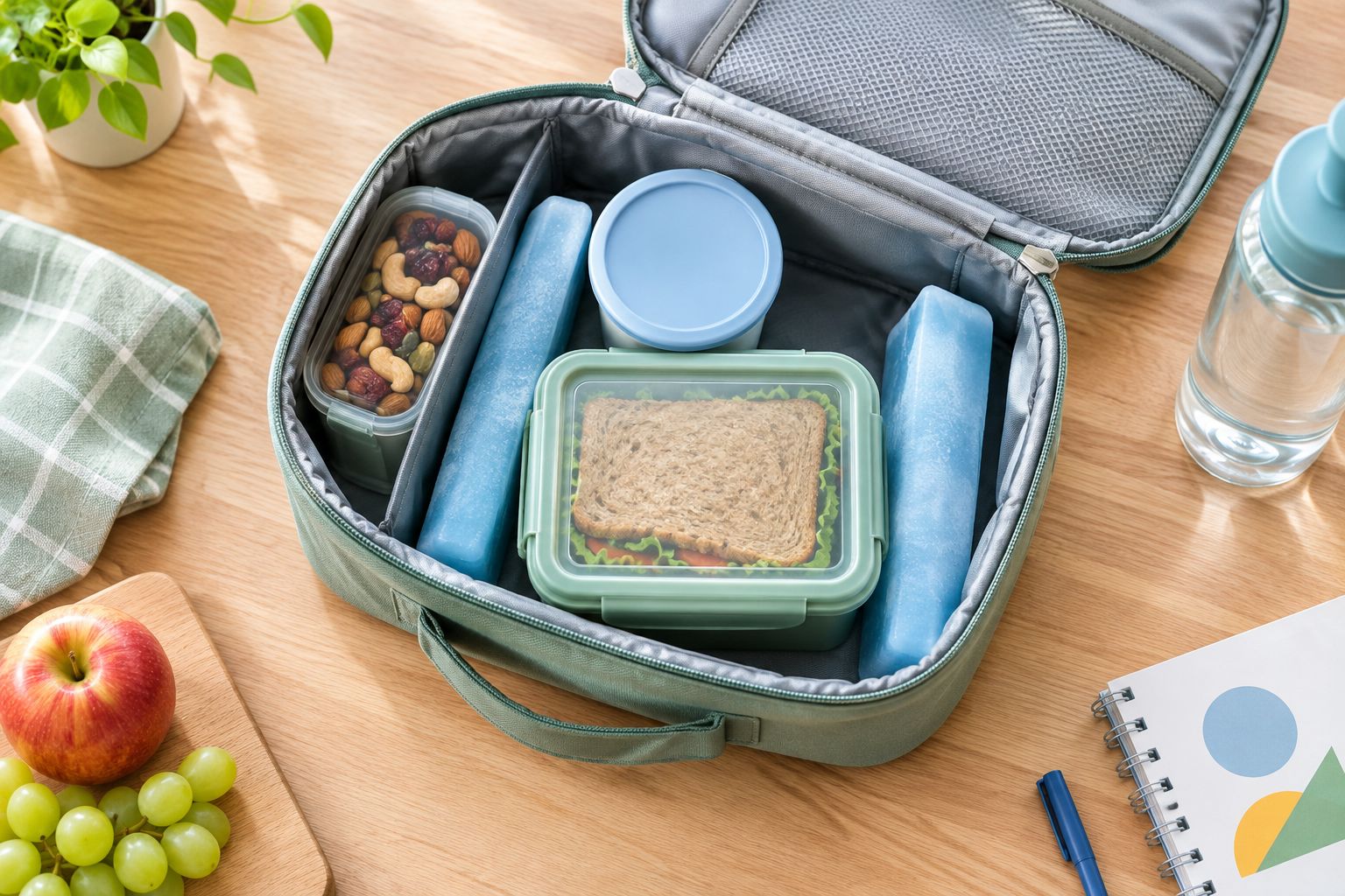 Lunch bag with cold foods between cold packs and a dry snack kept separately