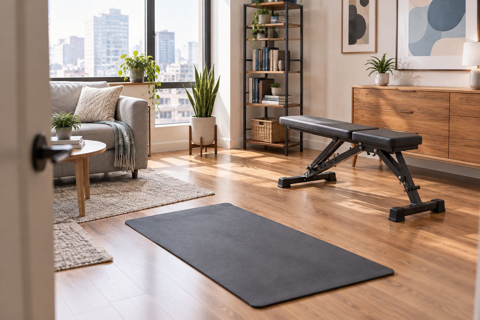 Apartment workout area with an open bench, exercise mat and visible walkway