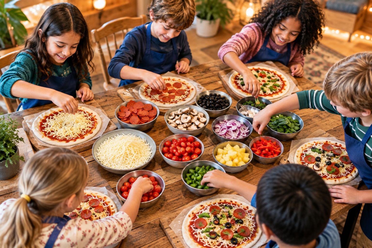 Kids topping their own personal pizzas at a restaurant table