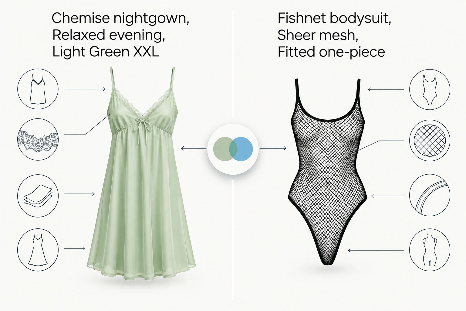 Side-by-side comparison of a chemise nightgown and a sheer fishnet bodysuit