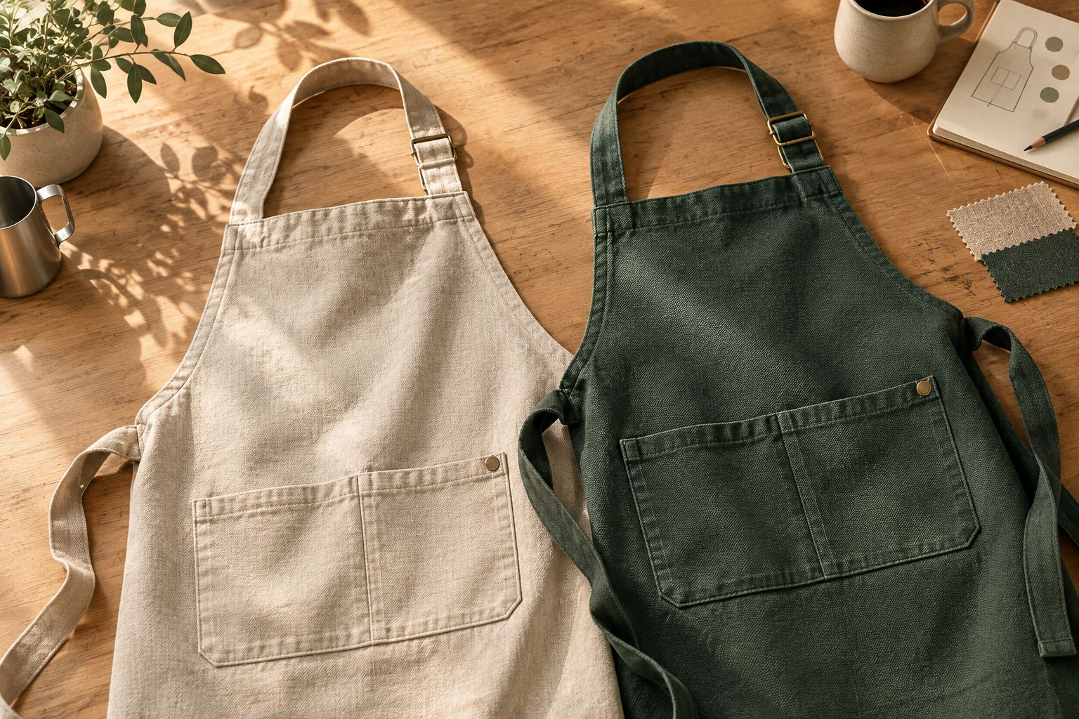 Unbranded bib aprons showing fabric texture, pocket seams and adjustable straps