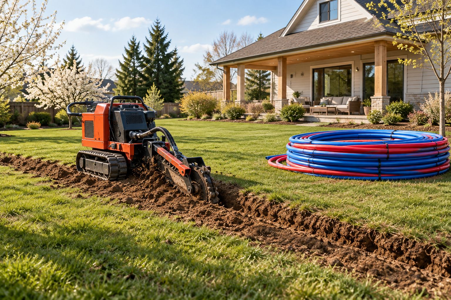 Horizontal ground loop trench being dug in a residential backyard