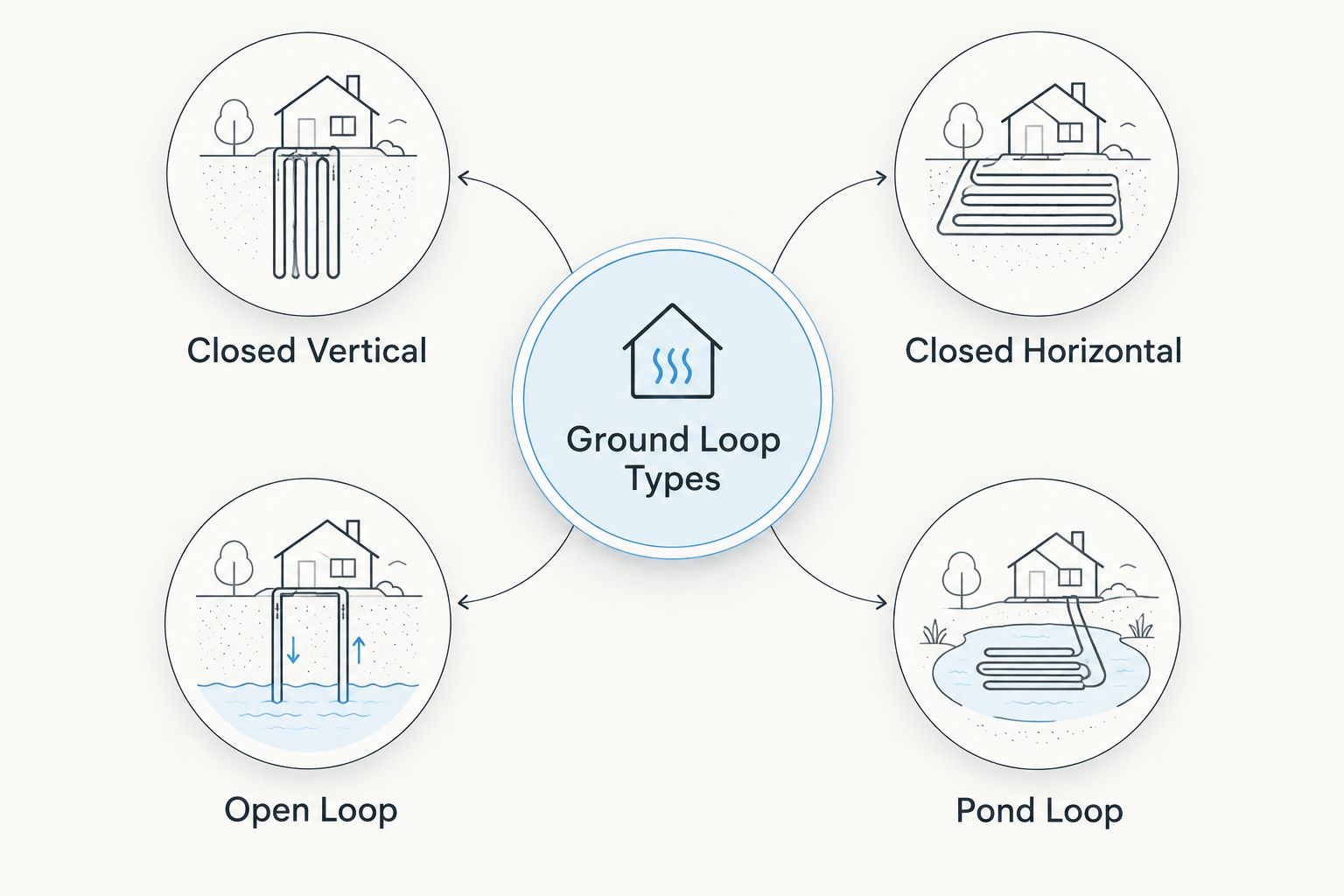 Diagram showing four geothermal ground loop types connected to a central hub