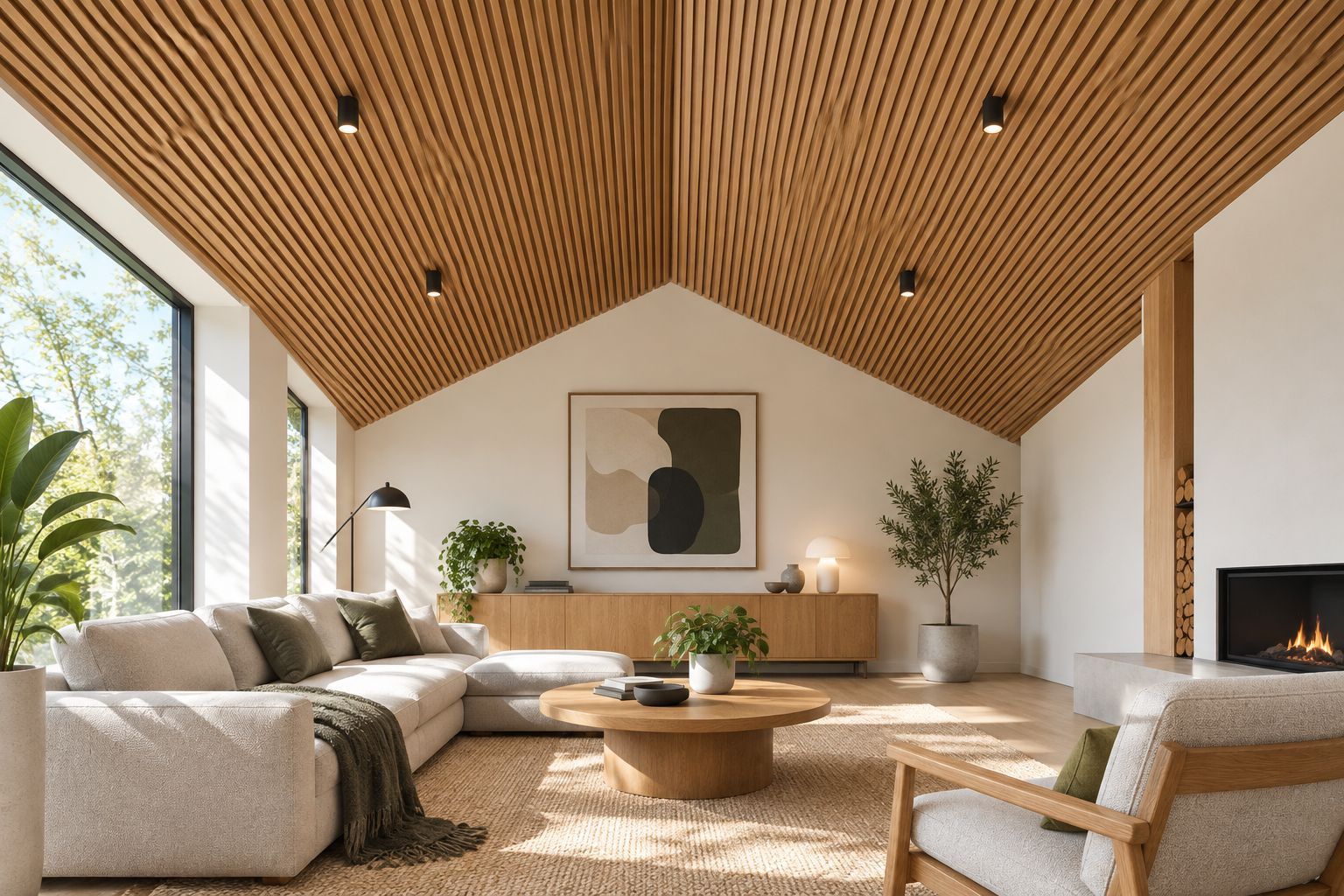 Fluted wood panels installed along a sloped, vaulted ceiling
