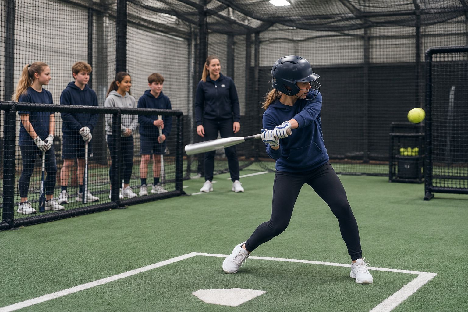 Pupils rotating through an indoor batting cage with teacher supervision