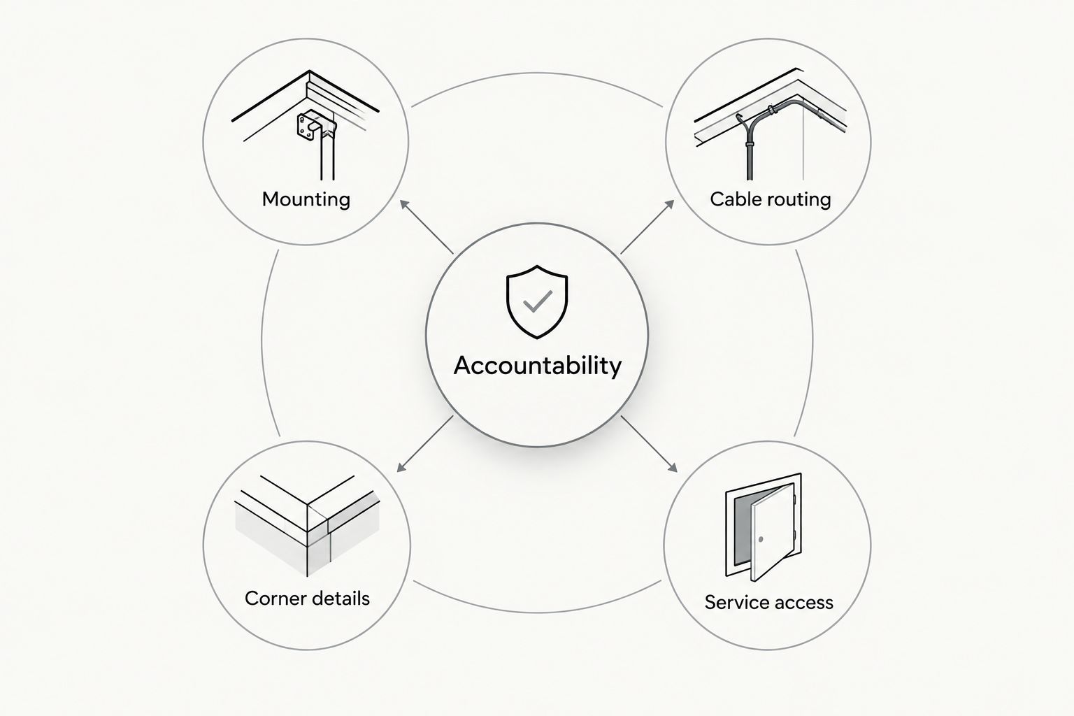 Craftsmanship checklist connecting accountability with mounting, cable routing, corner details, and service access.