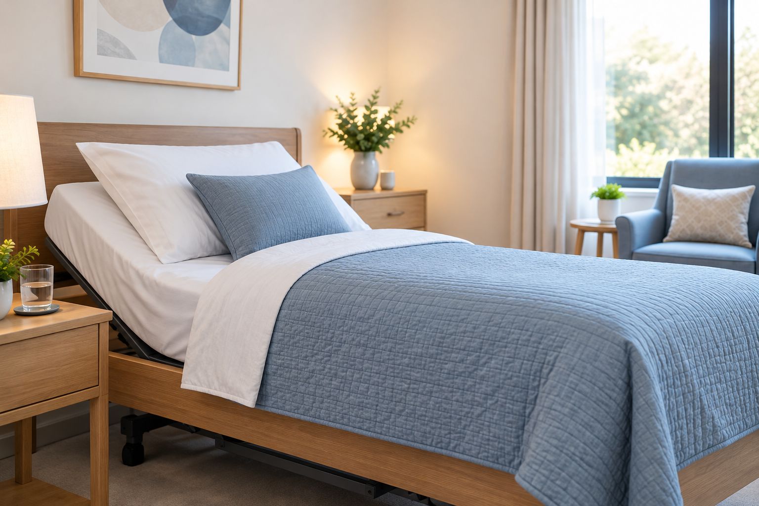 Adjustable bed with simple bedding, showing fitted sheet corners and quilt coverage