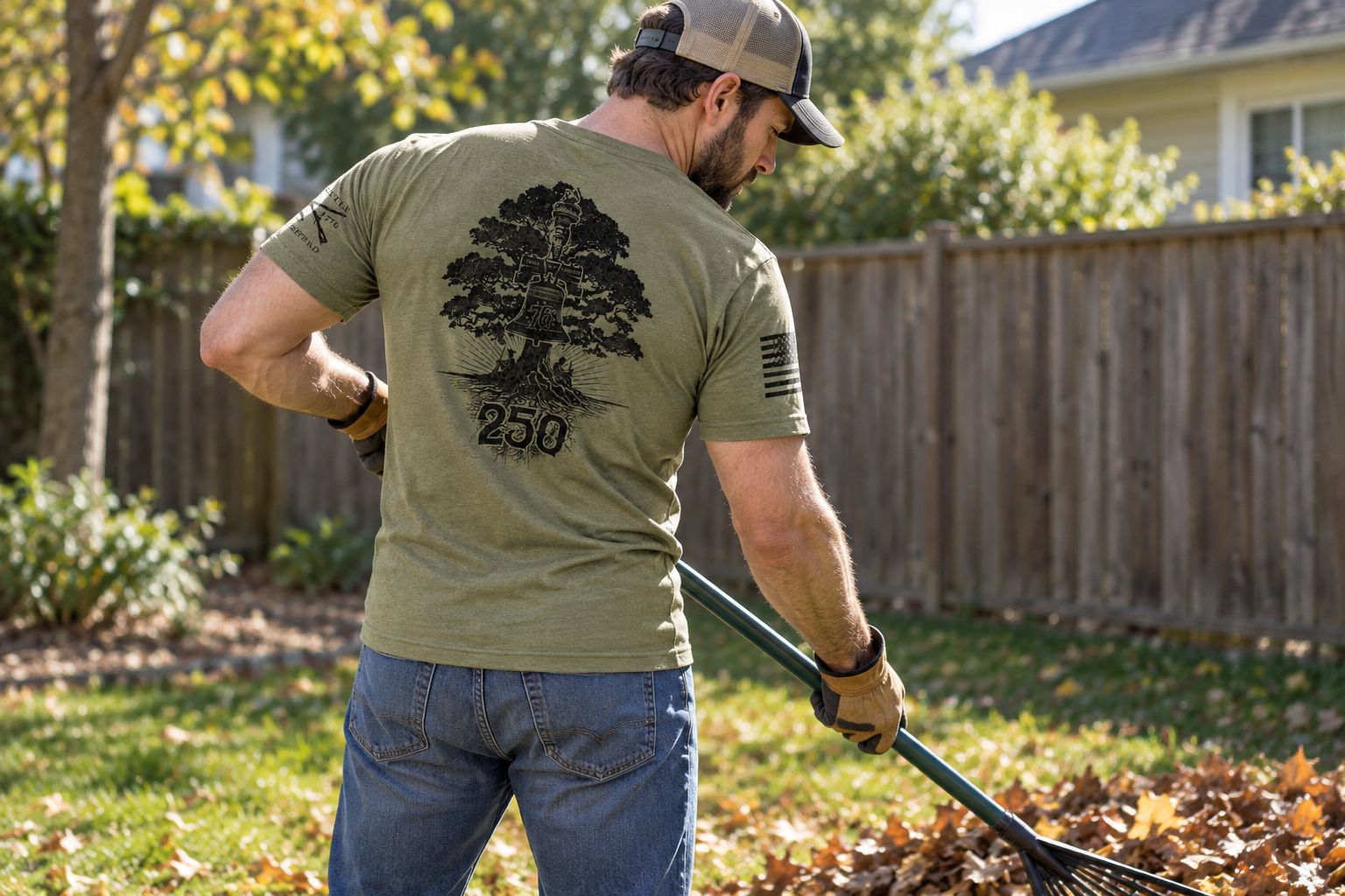 Man wearing an olive green veteran t-shirt while doing yard work