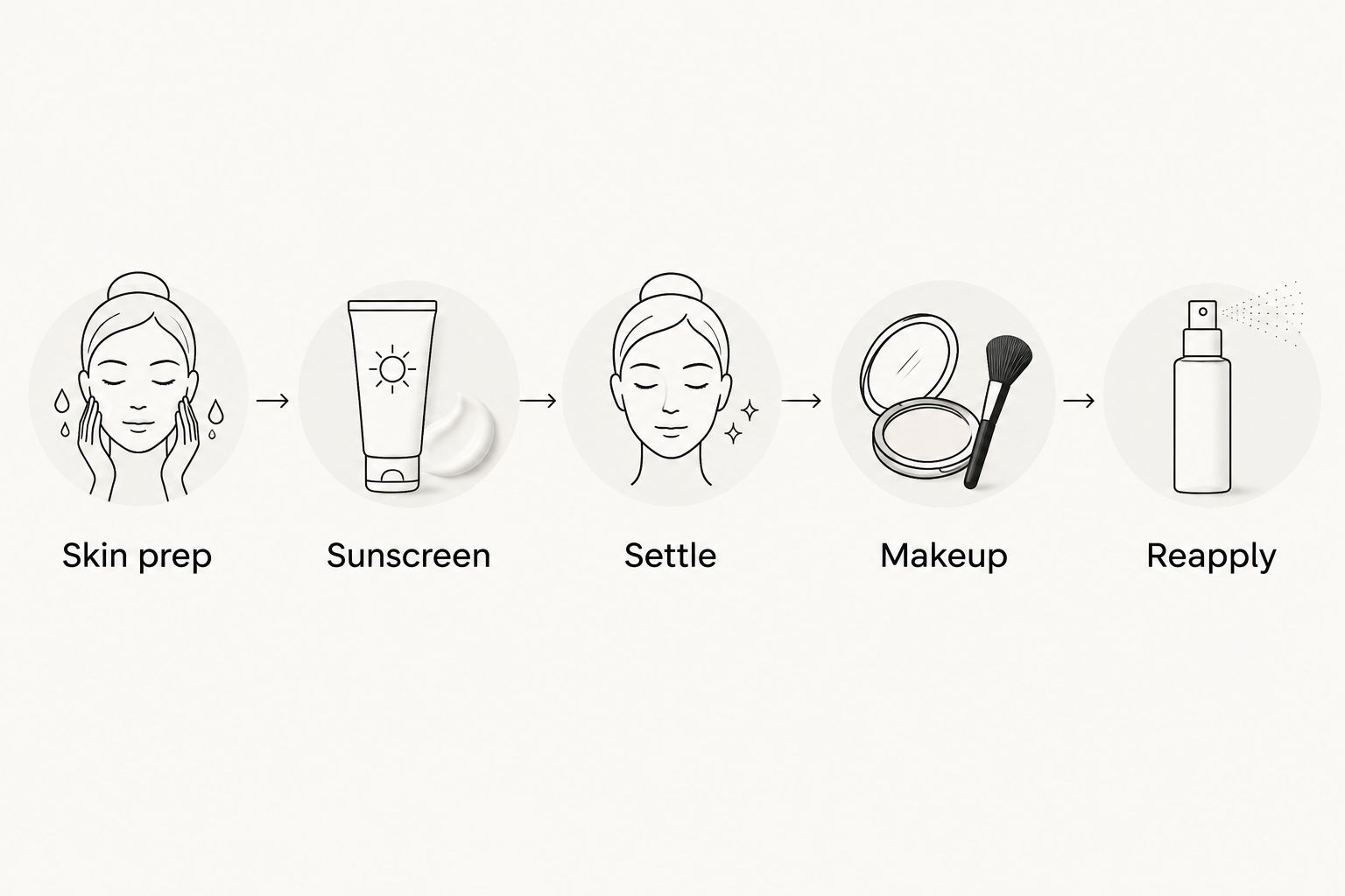 Daytime skincare order: skin prep, sunscreen, settling time, makeup and reapplication
