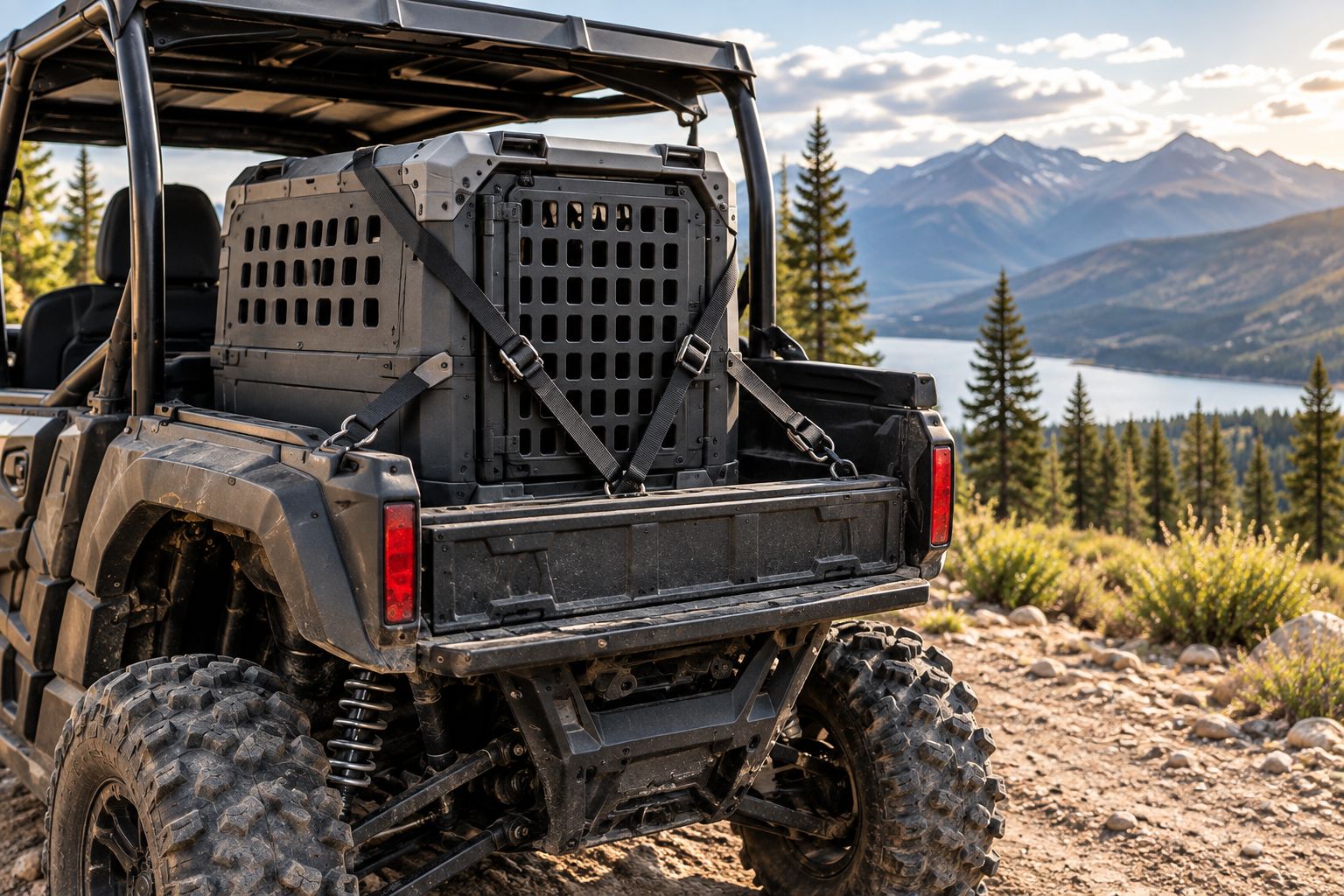 Ventilated dog kennel secured in a UTV cargo bed
