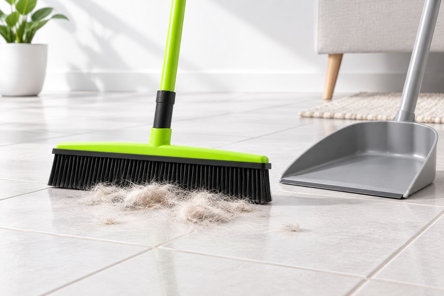 A household broom gathering loose pet hair beside a dustpan on dry tile.