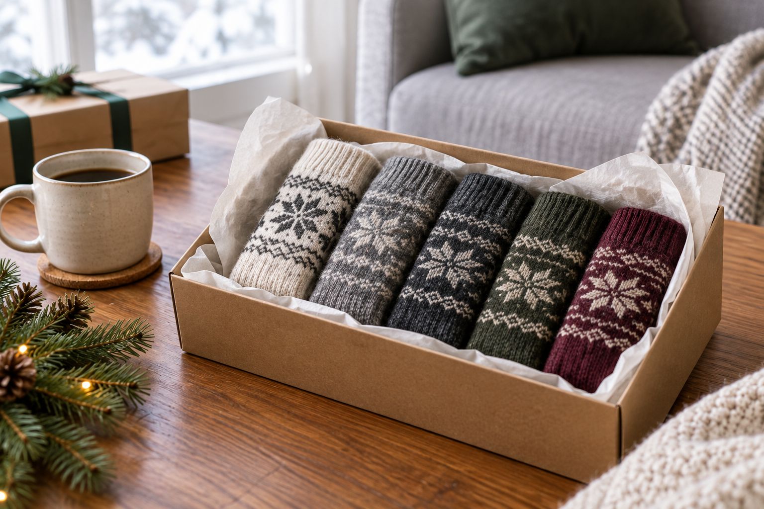 Folded wool socks arranged in an open gift box on a wooden table