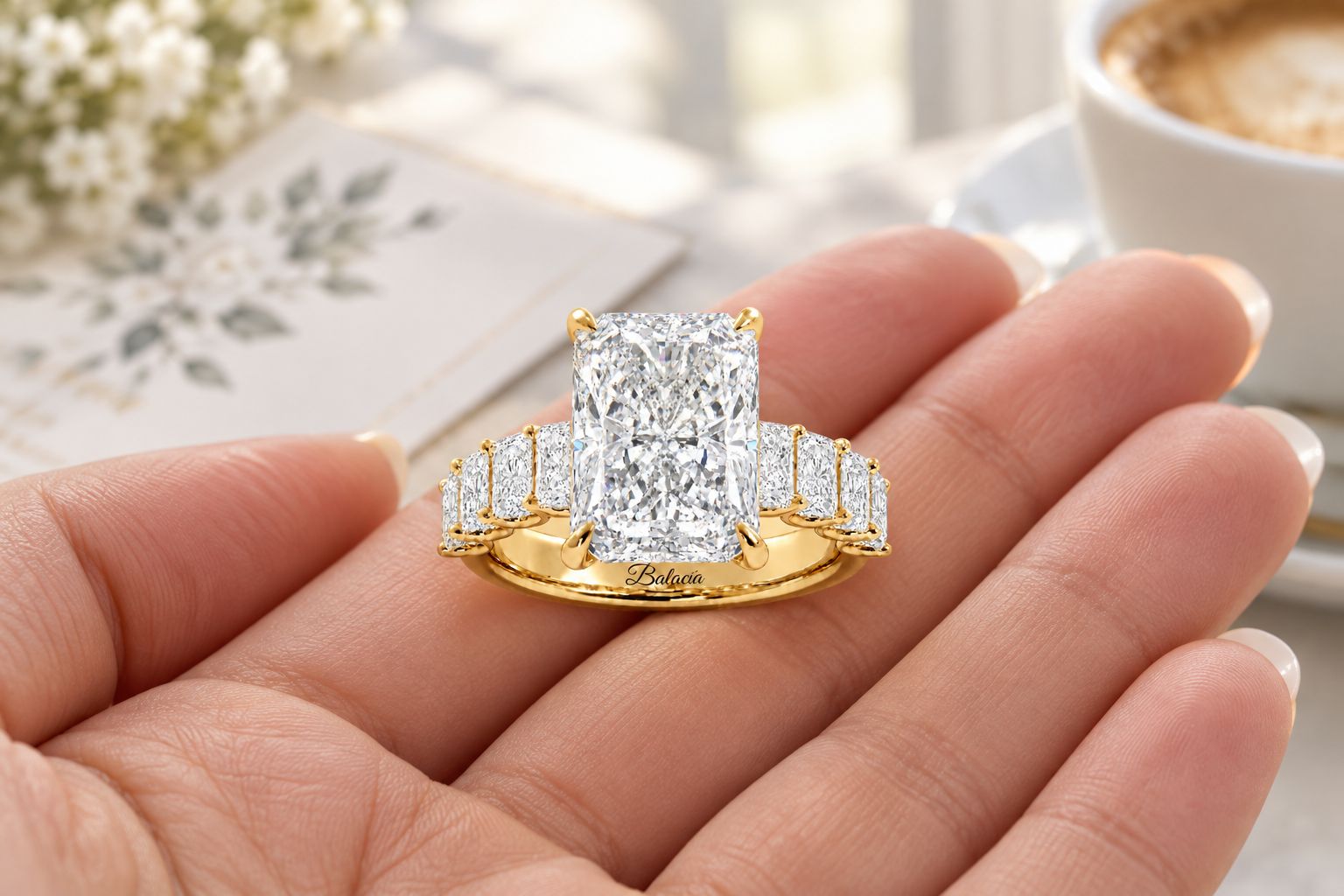 Radiant cut engagement ring with graduating radiant cut side diamonds on a hand