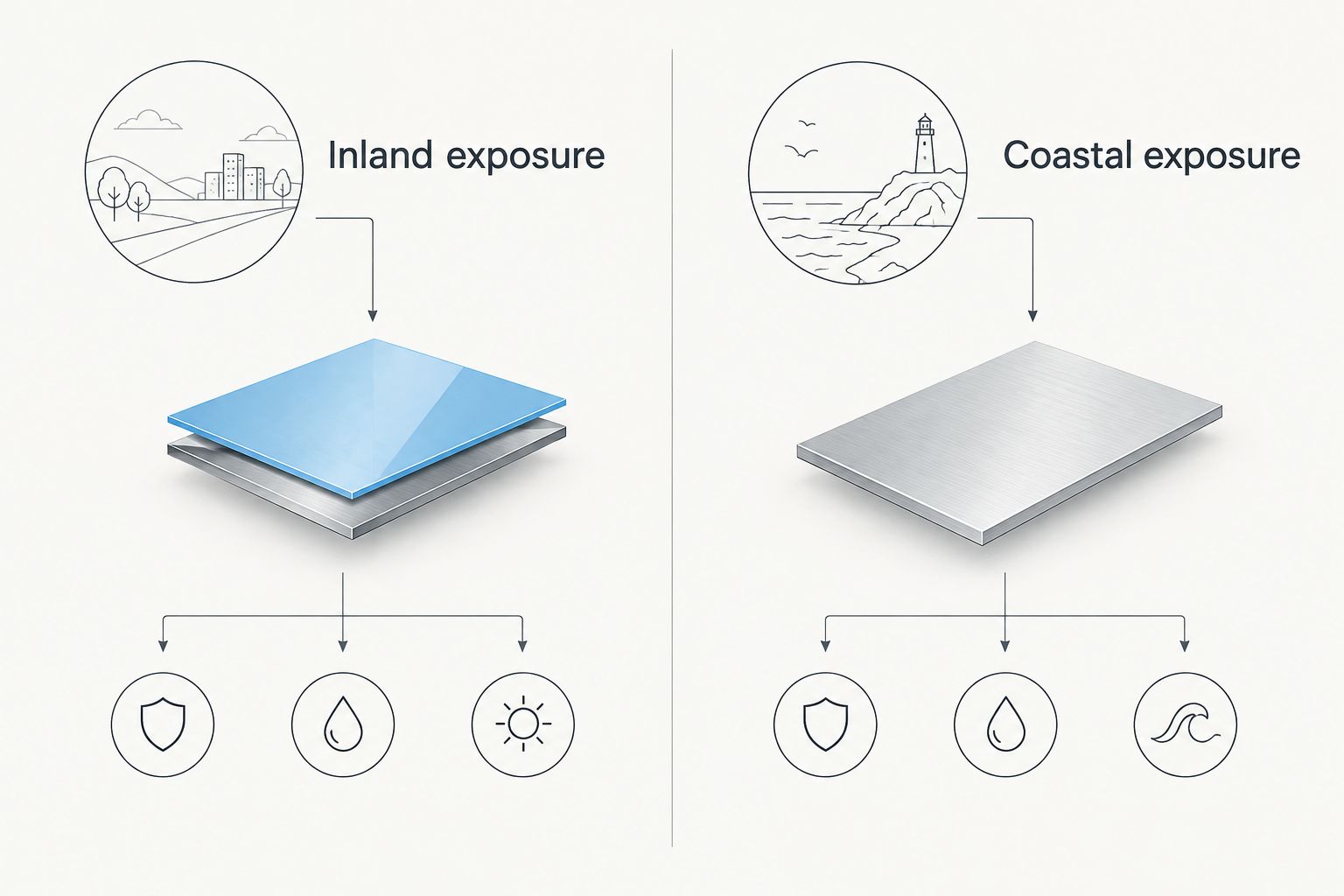 Two-column comparison pairing inland exposure with coated steel and coastal exposure with aluminum