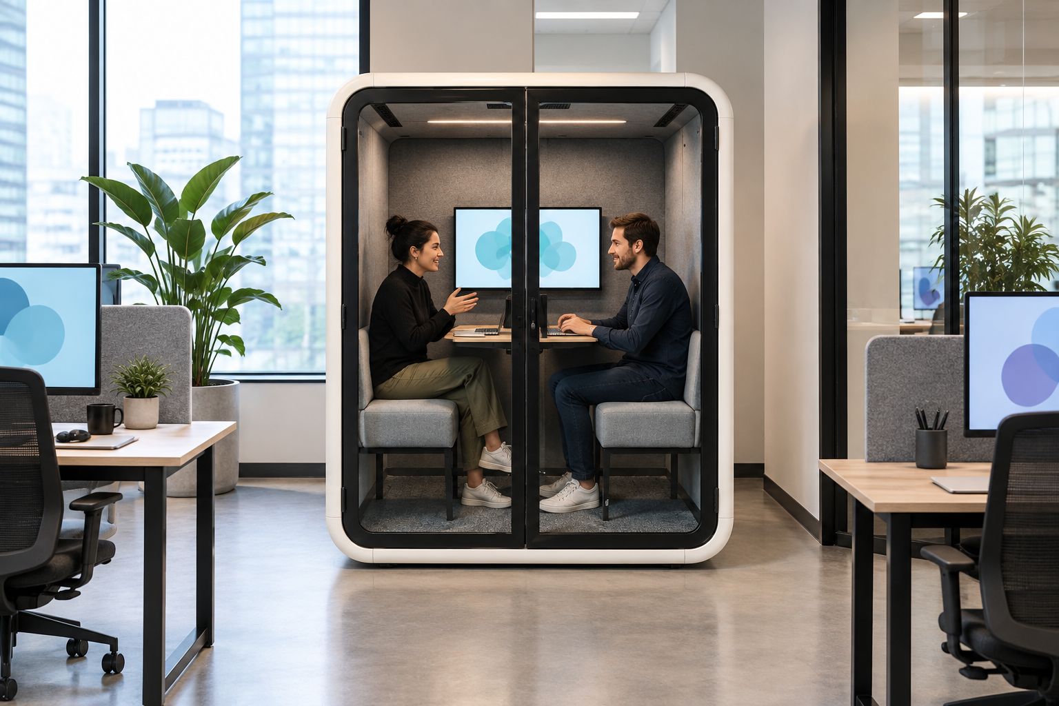 Two colleagues talking in a meeting booth while individual workstations sit outside
