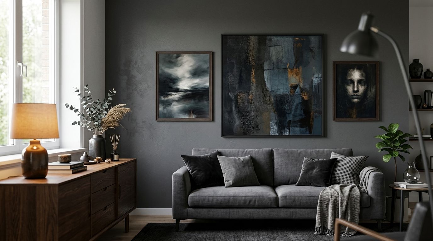Dark and moody wall art for a contemporary living room