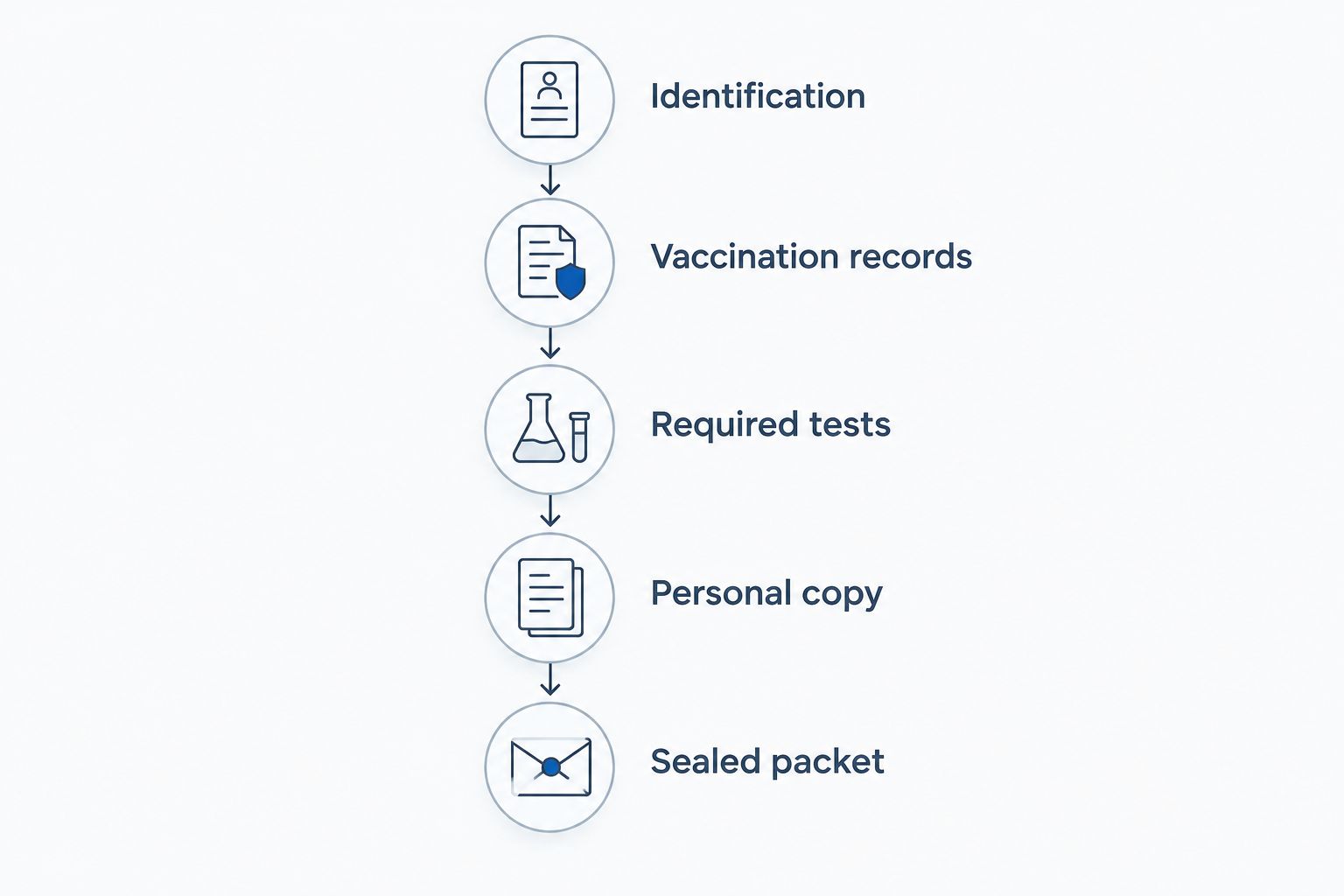 Preparation and completion stages from identification through the sealed immigration medical packet