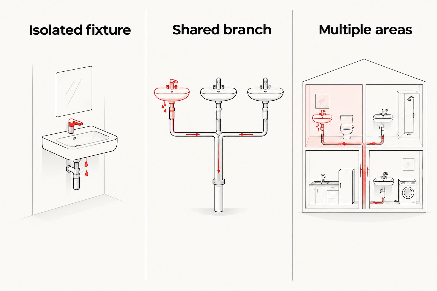 Three drainage problem scopes: isolated fixture, shared branch, and multiple areas