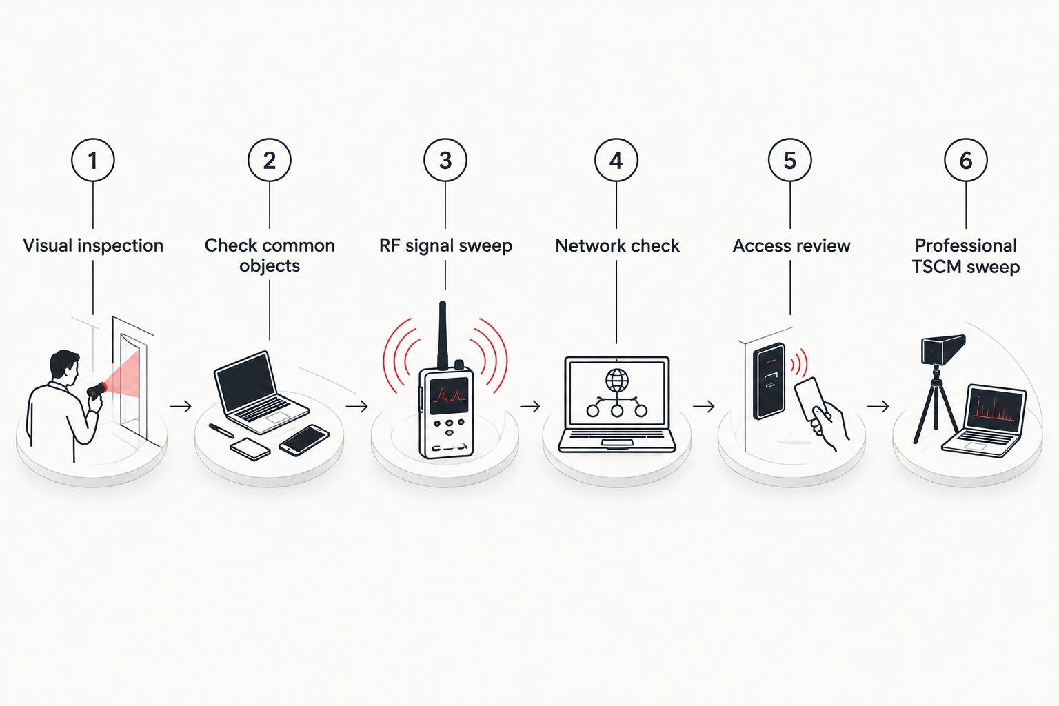Six-step timeline for hidden camera detection in a tattoo or piercing studio