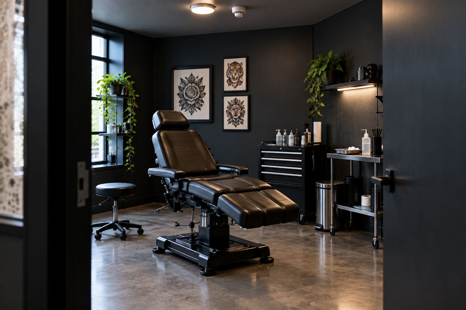 Private tattoo studio procedure room with a smoke detector mounted above the chair