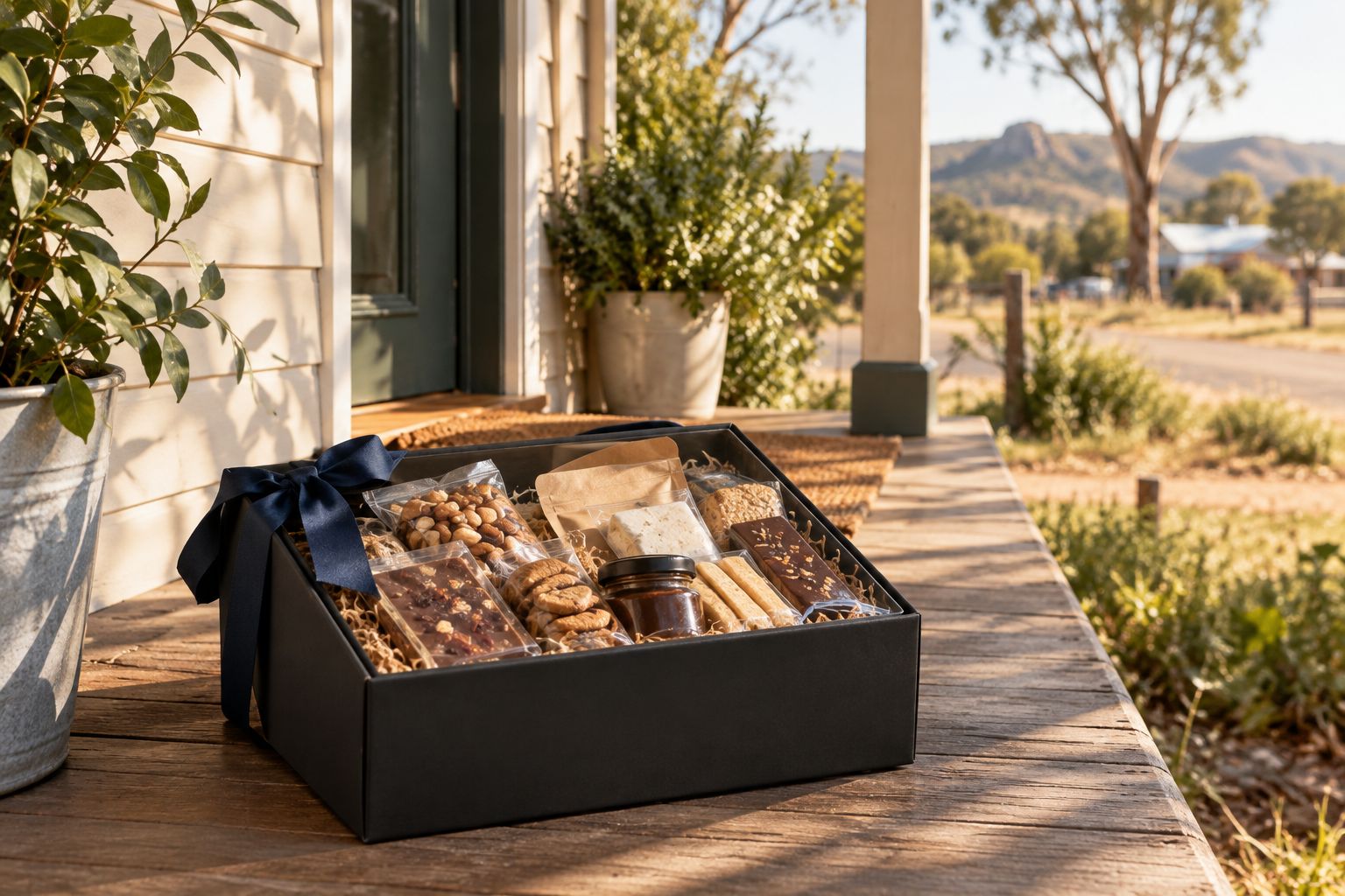 Gift hamper box left in shade on a porch