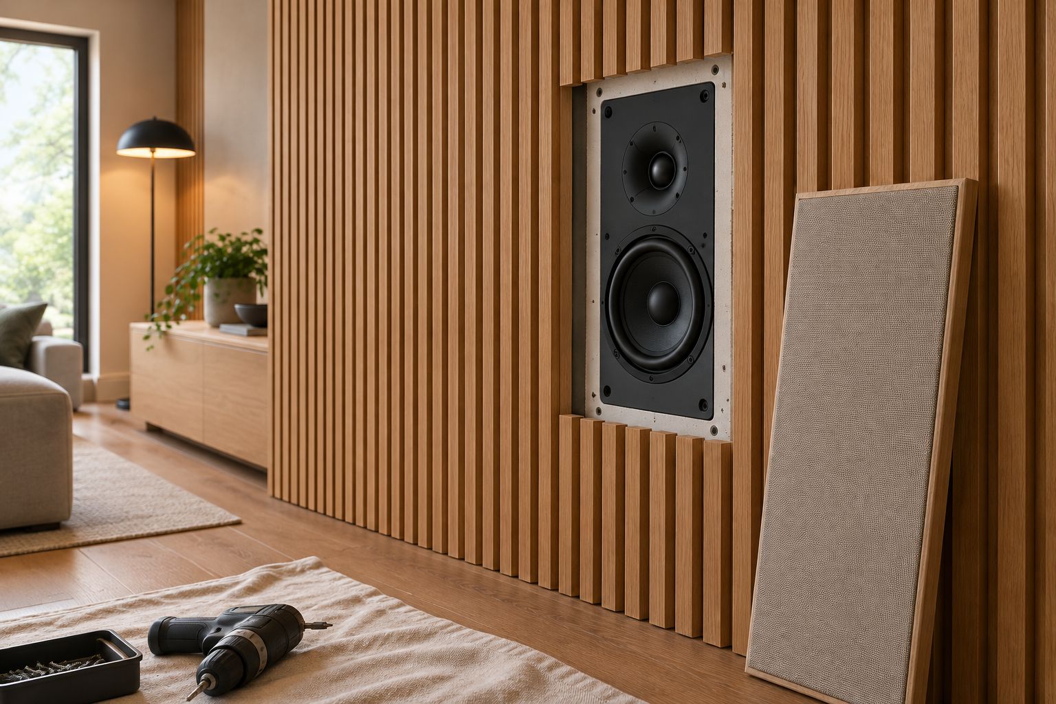 Wood slats surrounding a clear speaker opening beside a removable fabric frame