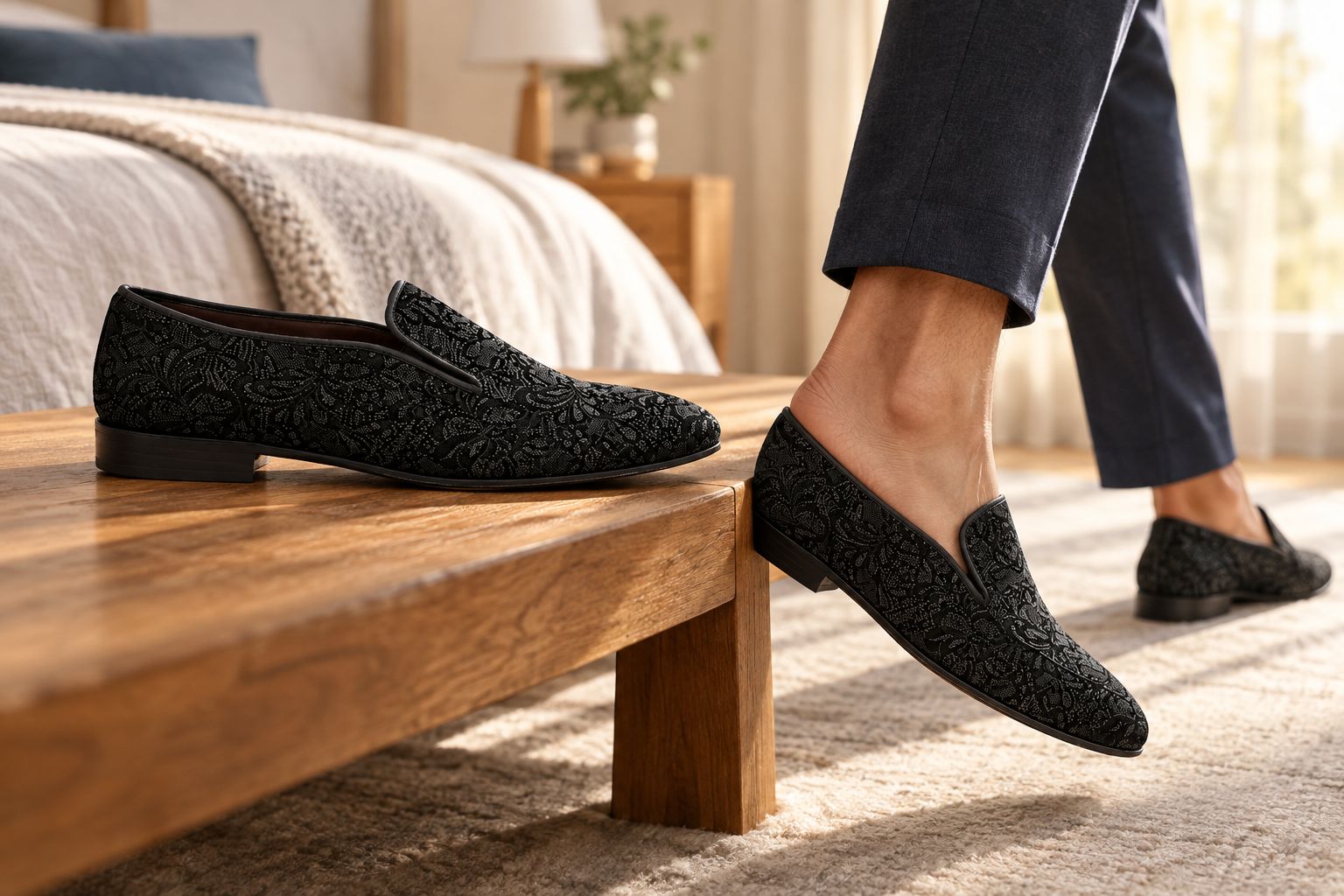 Man slipping on a soft suede loafer without bending down