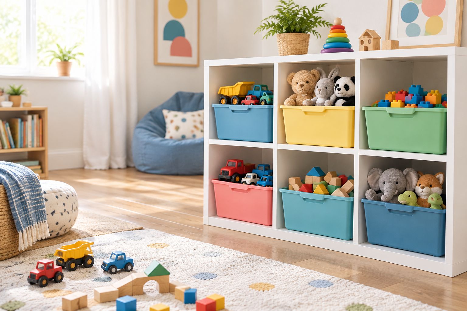 Low cubby shelves with separate toy bins and clear floor space for play