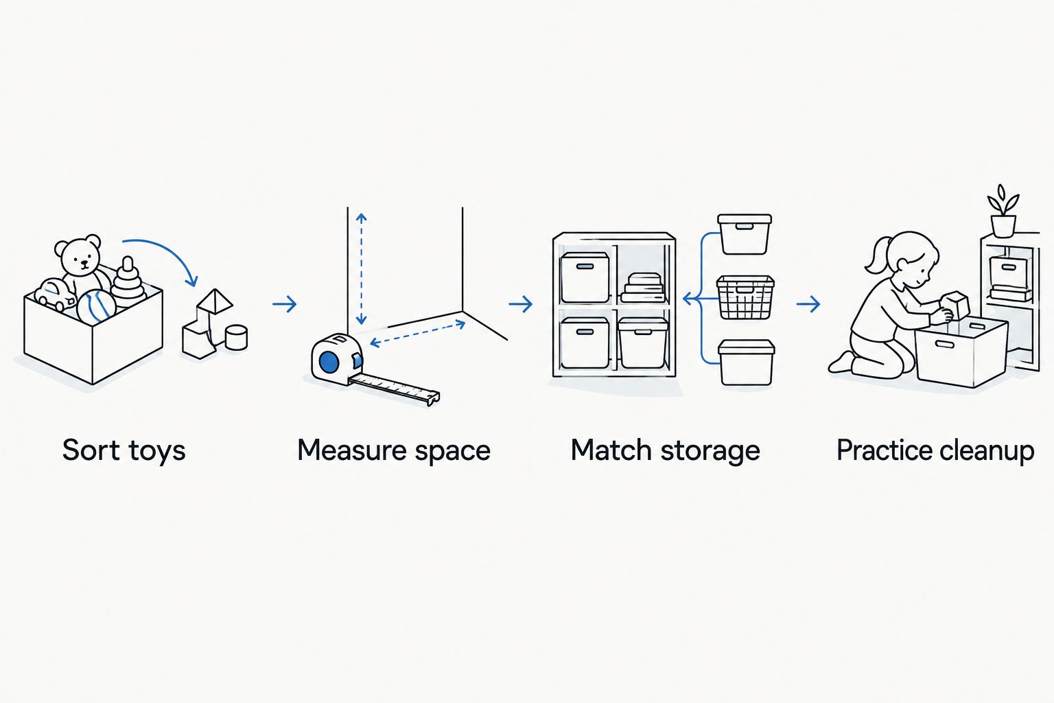Four steps for choosing toy storage, from sorting toys to practicing cleanup