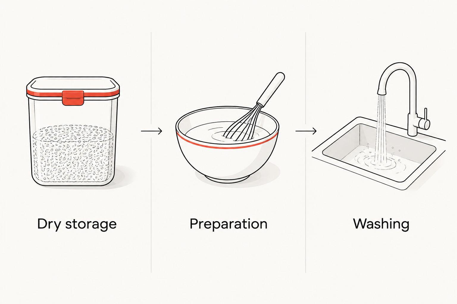 Three separate areas for dry matcha storage, preparation and washing