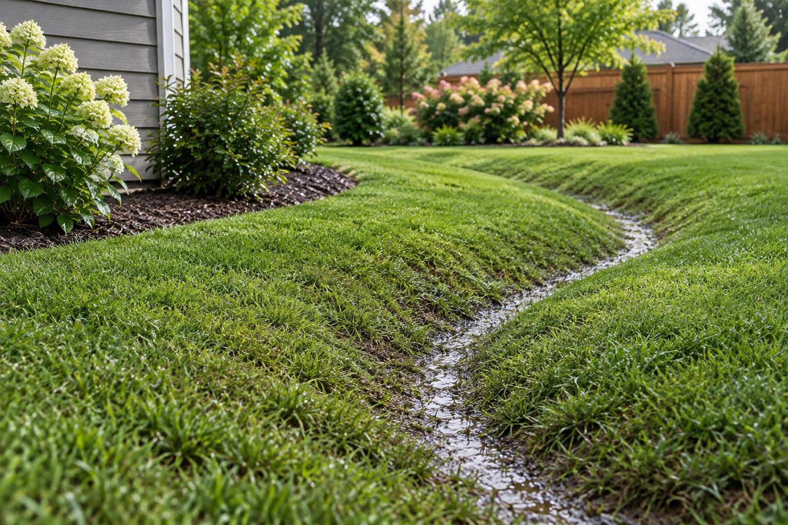 A shallow grassed swale forming a visible drainage route through a residential lawn