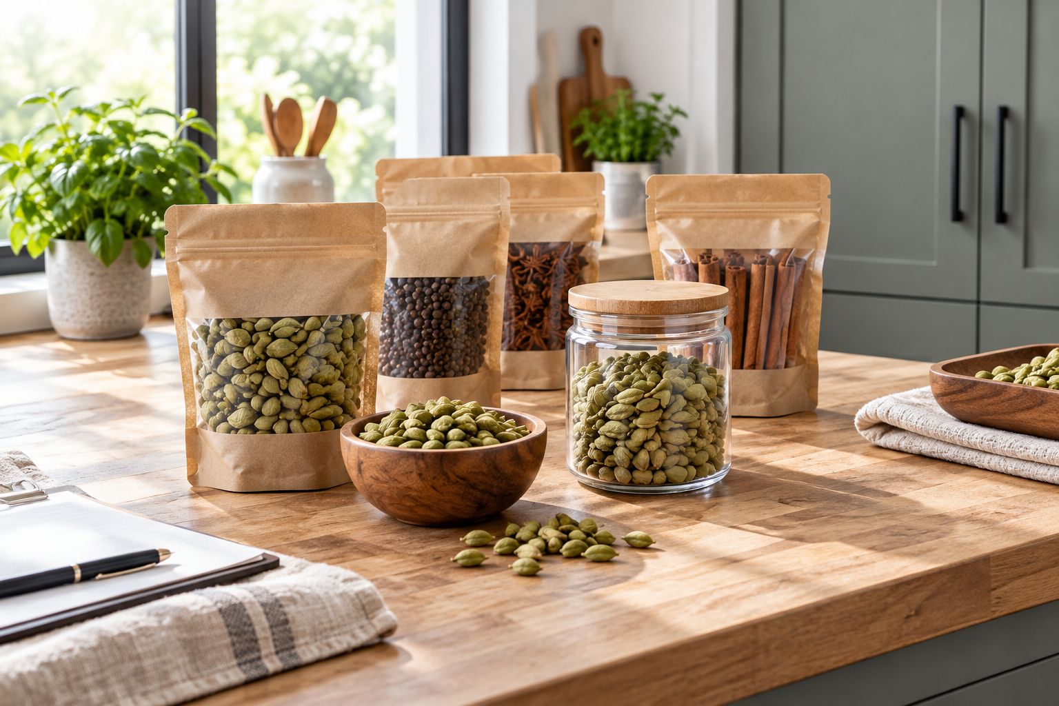 Whole spices arranged on a clean receiving bench beside protected cupboard storage